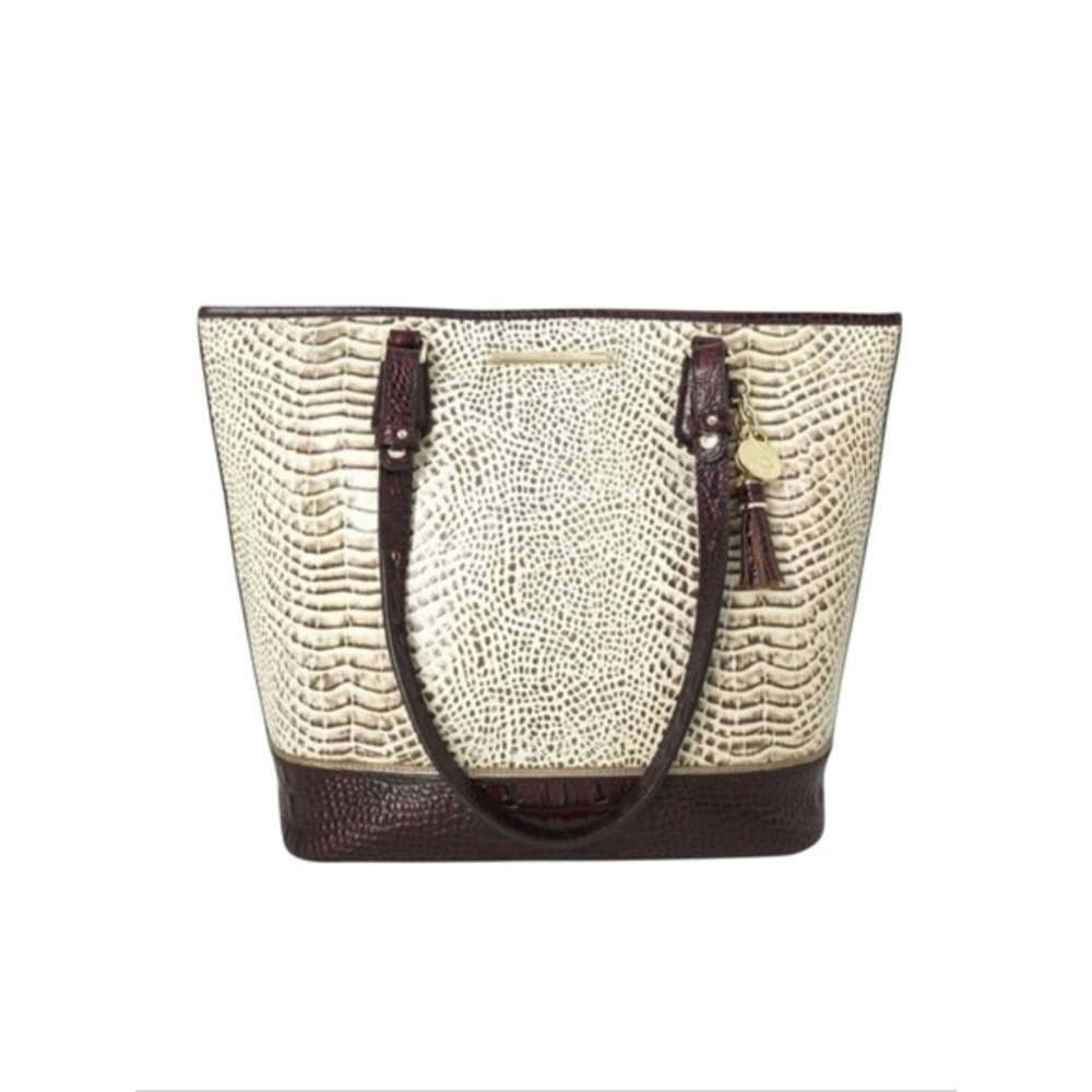 Brahmin Ivory & Brown Snakeskin Creme Rhodes Medium Asher‎ Tote Shoulder Handbag